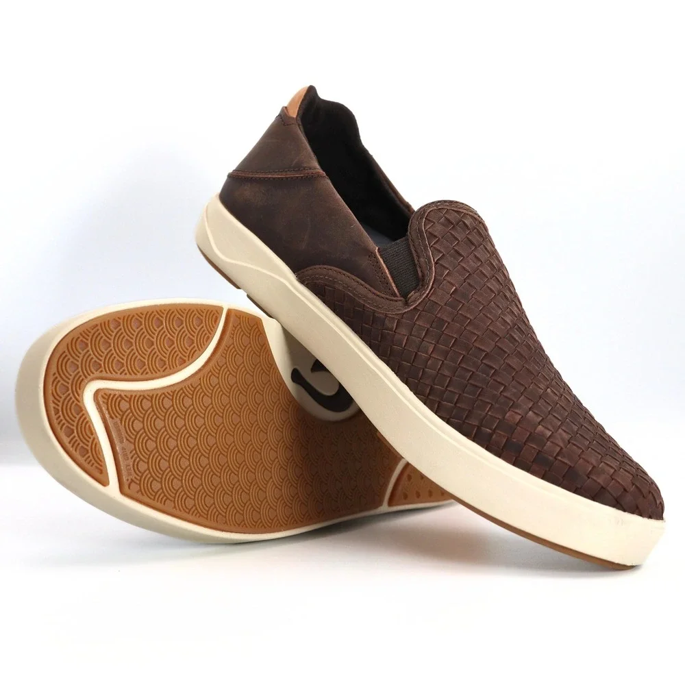 OluKai Lae'ahi Lauhala Mens 10.5 Dark Java Woven Leather Slip On Shoes NWT